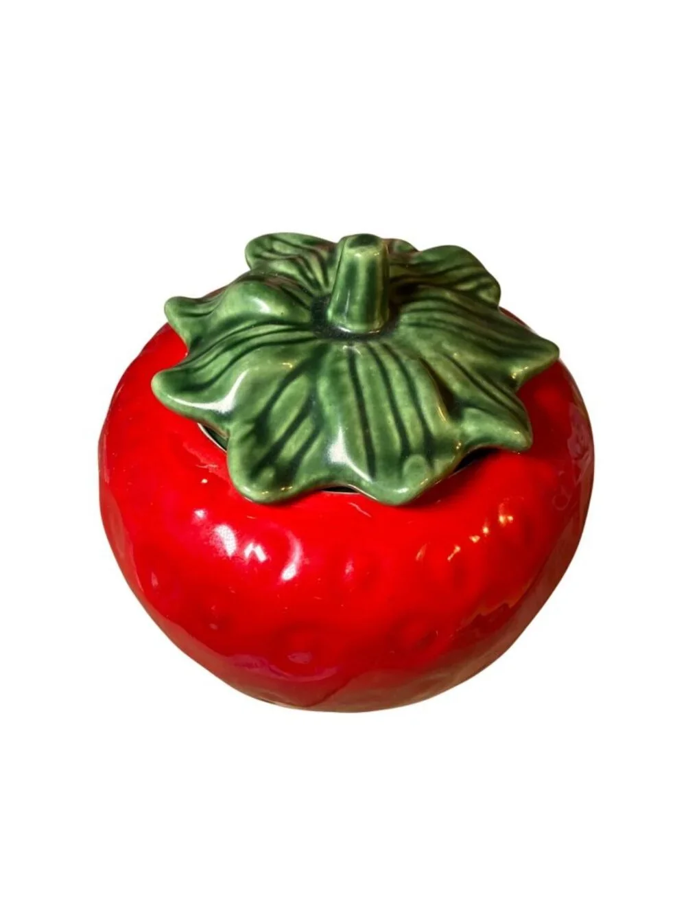 Strawberry Shaped Ceramic Cookie Jar Treat JarWith Lid Red and Green